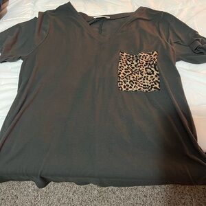 Gray V-Neck Top with Leopard Pocket